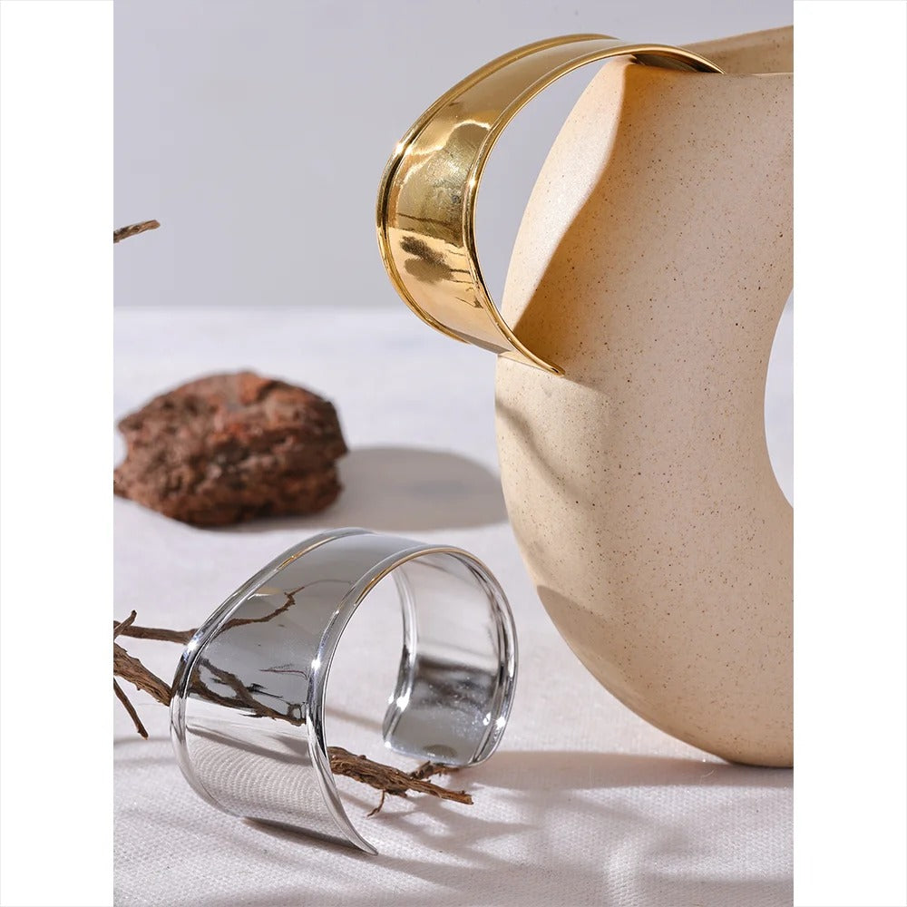Yhpup High Quality Stainless Steel Metal Wide Cuff Open Bracelet Waterproof Texture Personalized Unisex Jewelry Bijoux
